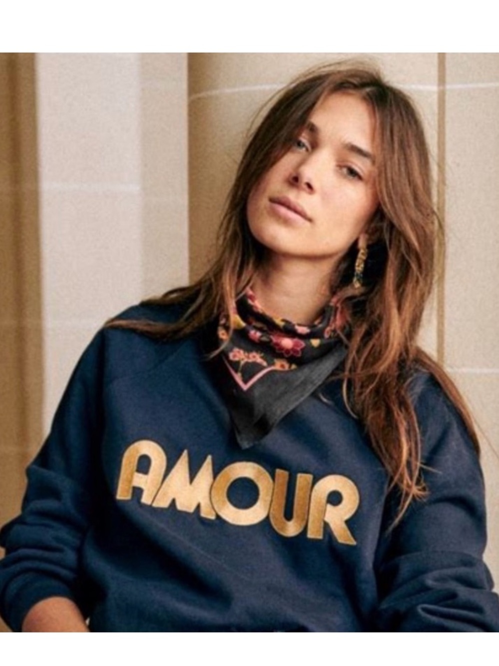 Sezane AMOUR Gold Logo Navy Women's Sweatshirt Sz M